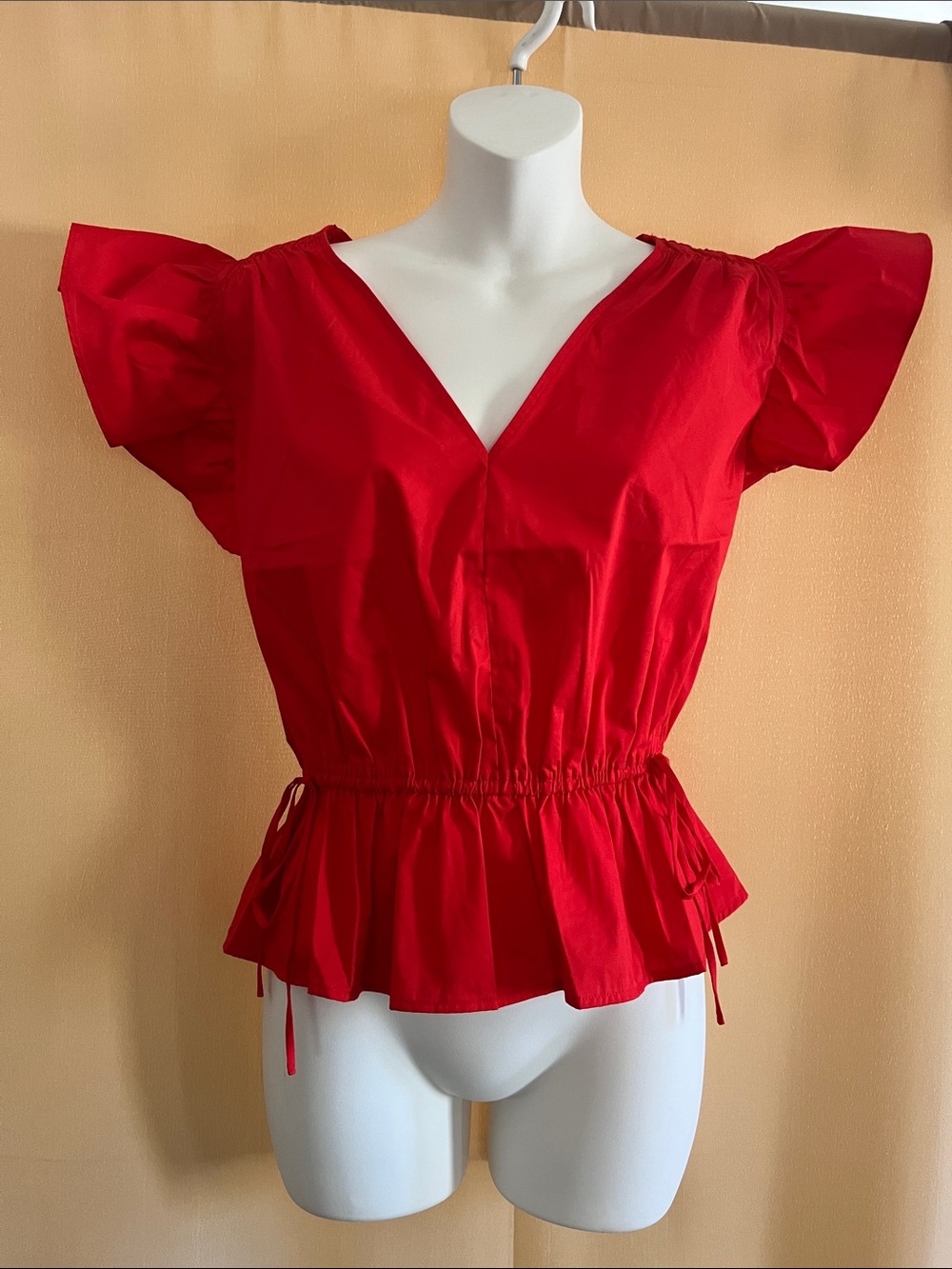 Red V-Neck Peplum Blouse with Flutter Sleeves